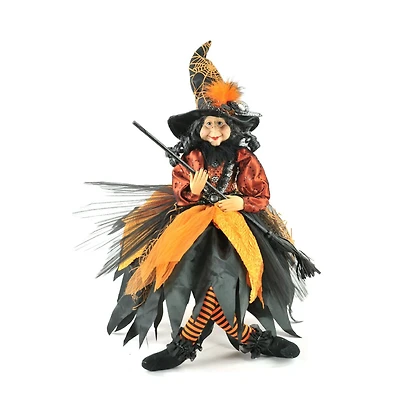 Sitting Orange and Black Cloth Witch Figure with Broom