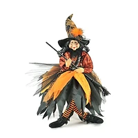 Sitting Orange and Black Cloth Witch Figure with Broom