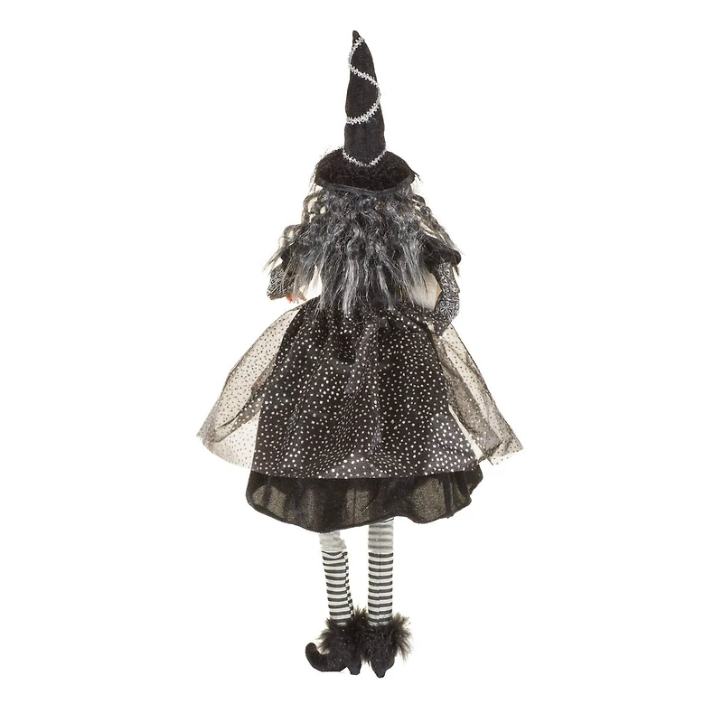 Figurine sorcière assise suspendue en tissu noir scintillant avec grimoire