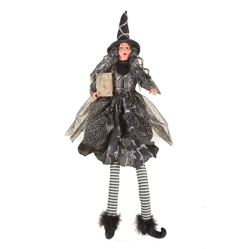 Sitting Sparkly Black Fabric Witch Figure with Spellbook