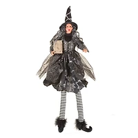 Sitting Sparkly Black Fabric Witch Figure with Spellbook