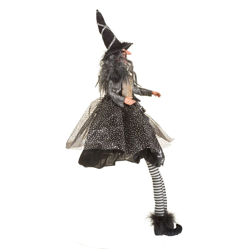 Sitting Sparkly Black Fabric Witch Figure with Spellbook