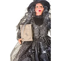 Sitting Sparkly Black Fabric Witch Figure with Spellbook