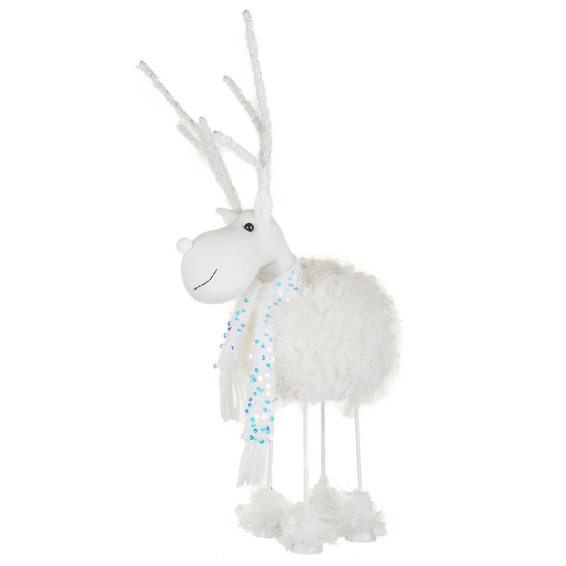 Fluffy White Poly Reindeer Warm White LED Figurine Sequin Scarf