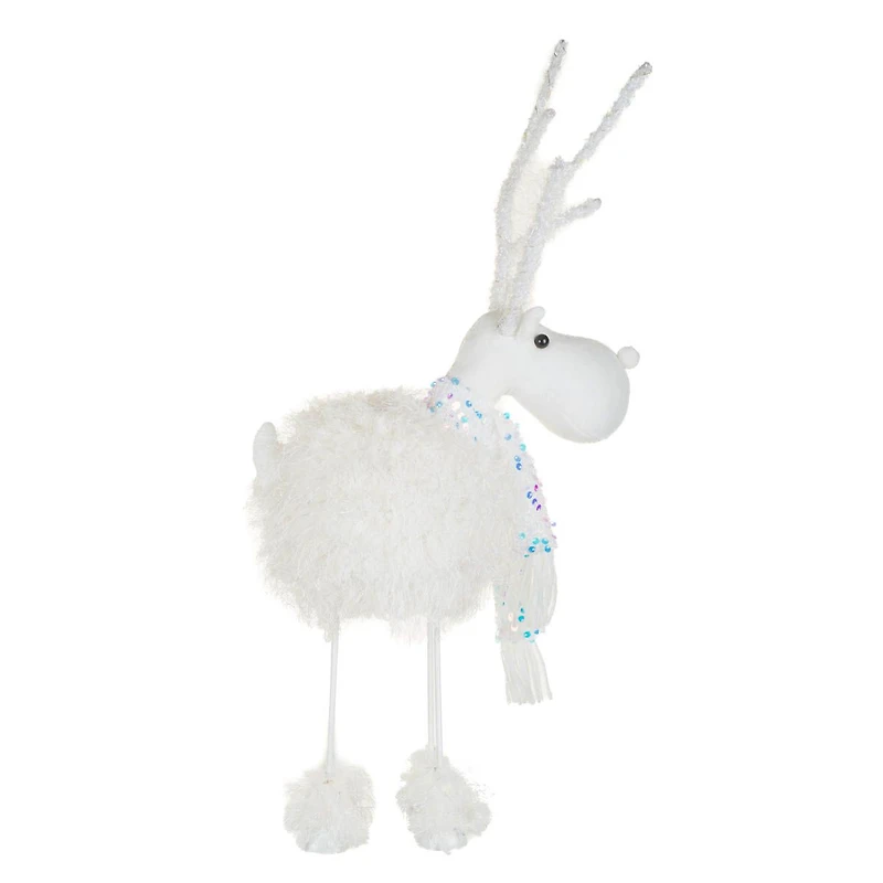 Fluffy White Poly Reindeer Warm White LED Figurine Sequin Scarf