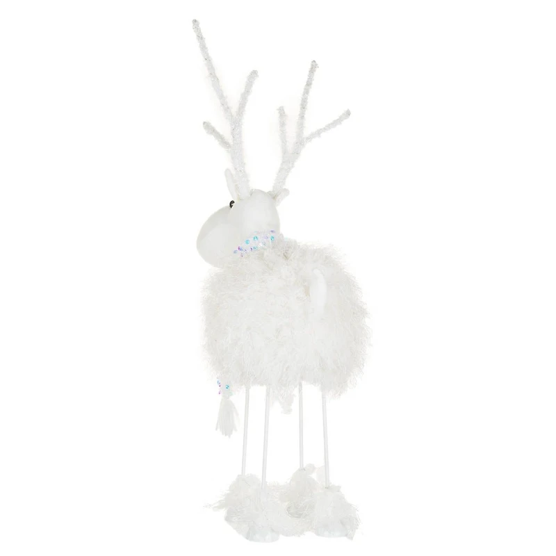 Renne blanc en polyester duveteux avec DEL blanc chaud et écharpe à sequins