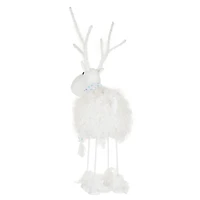 Renne blanc en polyester duveteux avec DEL blanc chaud et écharpe à sequins