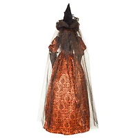 Figurine sorcière voilée en tissu orange et noir avec robe à motifs floraux