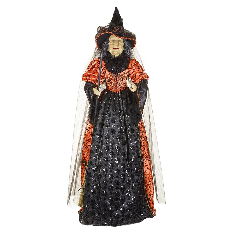 Orange and Black Fabric Veiled Witch Figure Floral Vine Dress