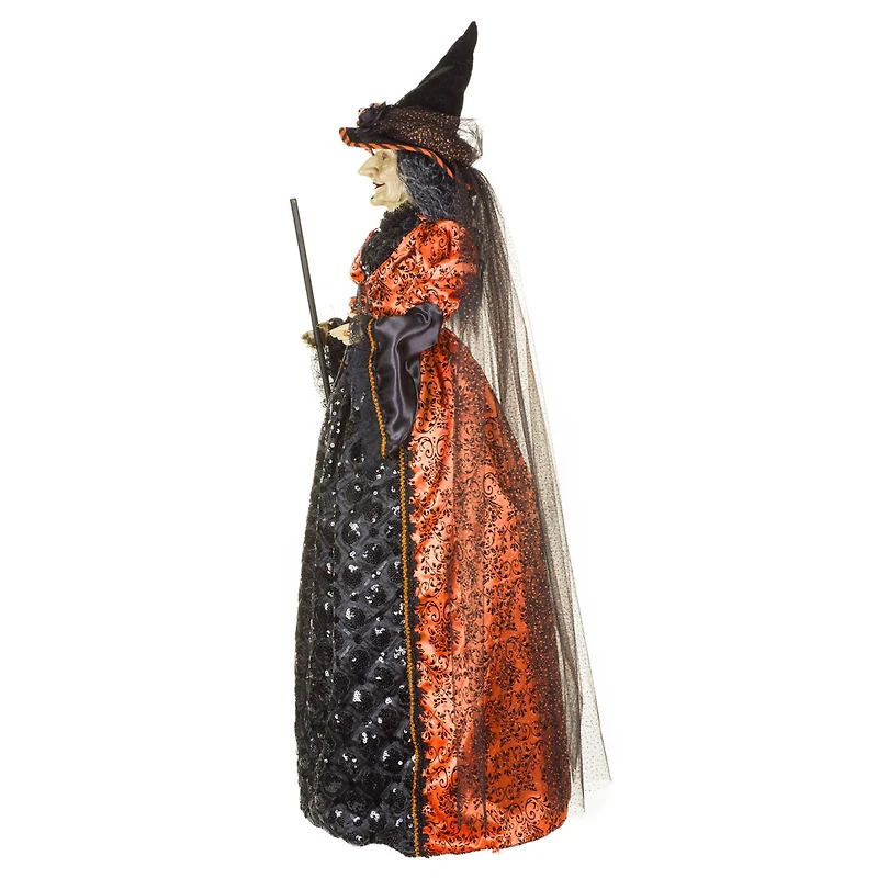 Orange and Black Fabric Veiled Witch Figure Floral Vine Dress