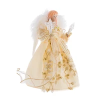 Ivory and Gold Fabric 10-Light Angel Tree Topper Feathered Wings