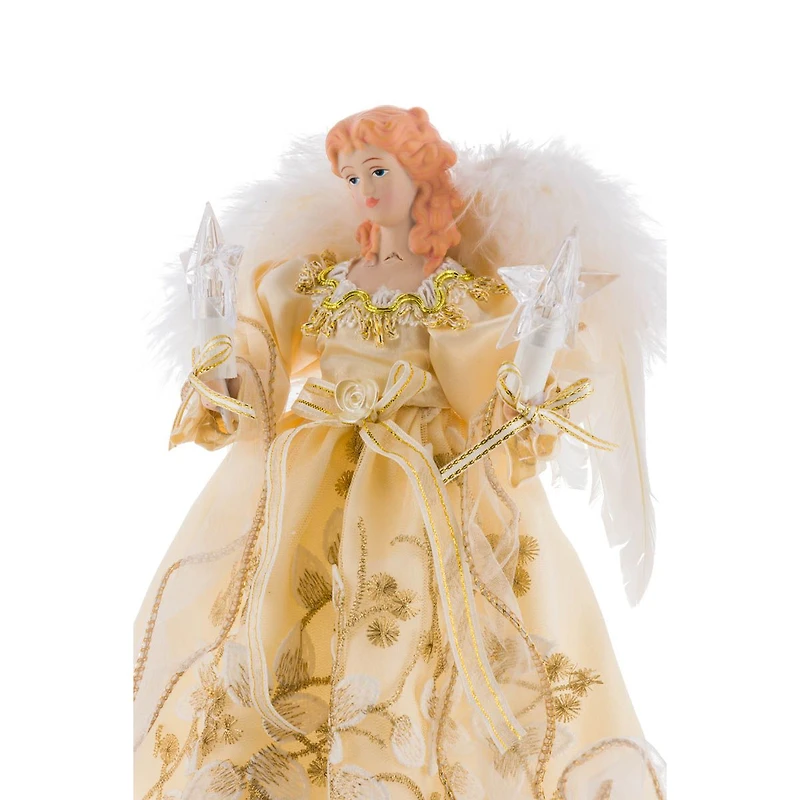 Ivory and Gold Fabric 10-Light Angel Tree Topper Feathered Wings