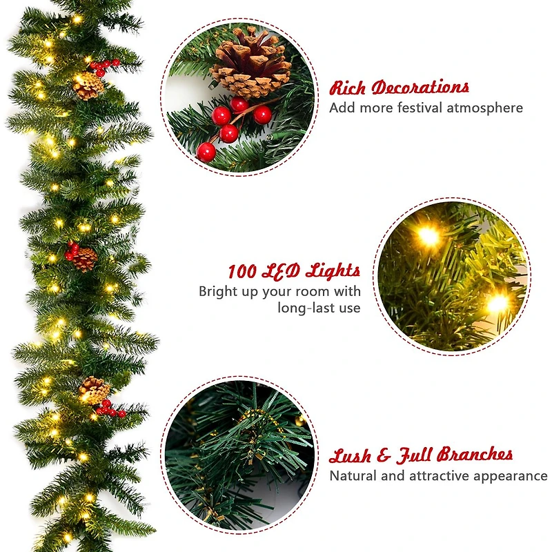 Pre-lit Artificial Christmas Garland, Red Berries - 9 ft