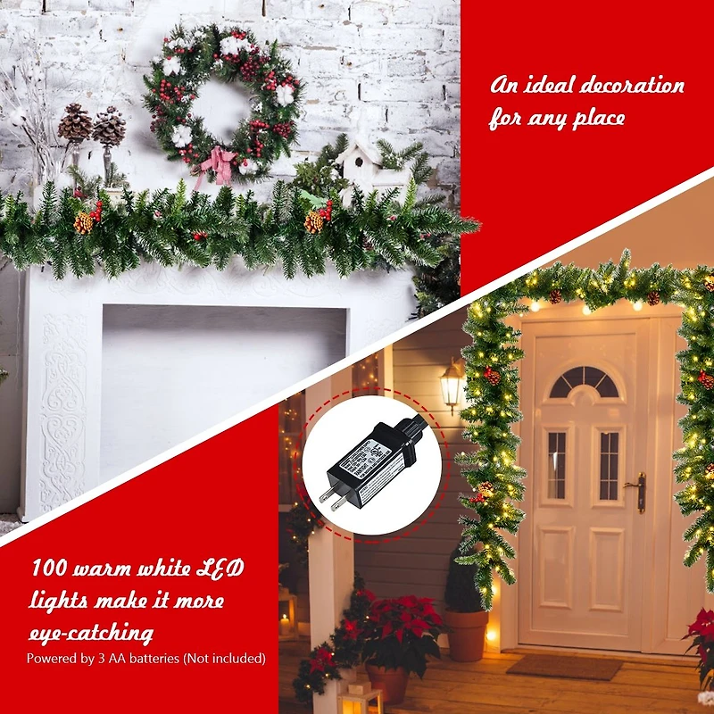 Pre-lit Artificial Christmas Garland, Red Berries - 9 ft