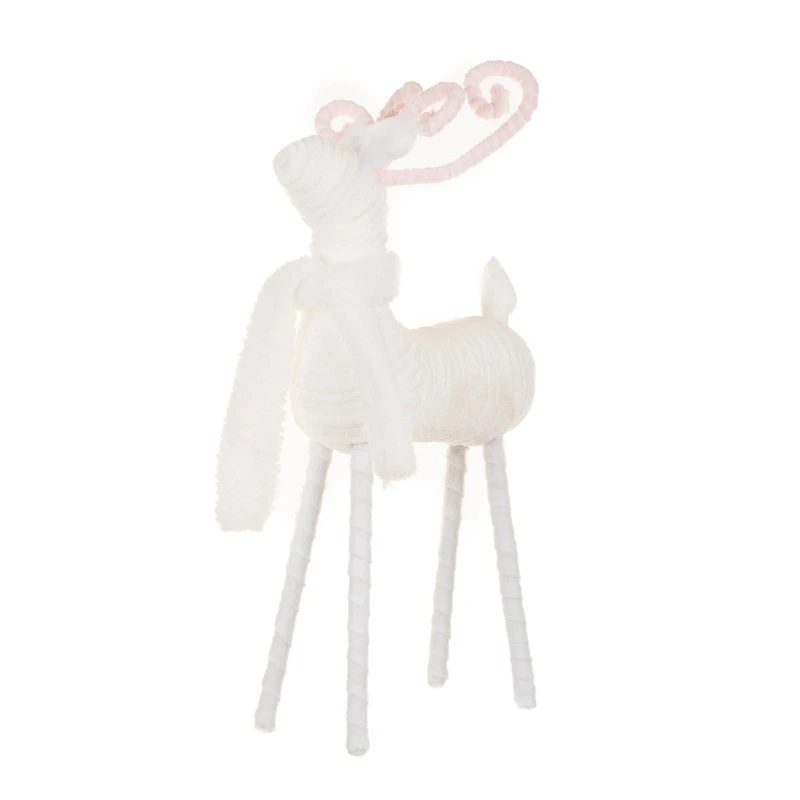 White Yarn Reindeer Figurine with Pink Candycane Antlers