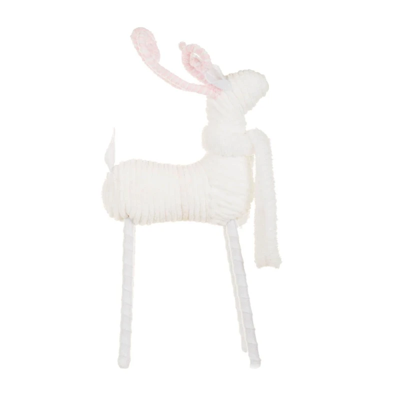 White Yarn Reindeer Figurine with Pink Candycane Antlers