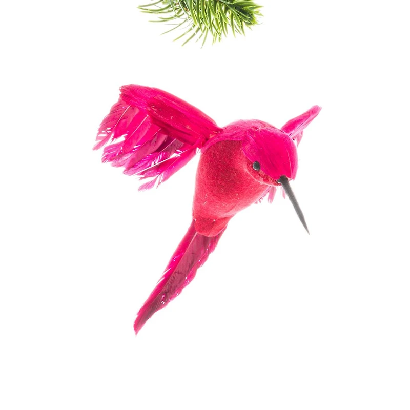 Ornements colibris suspendus en plumes magenta avec menton rouge, ensemble de 8