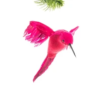Ornements colibris suspendus en plumes magenta avec menton rouge, ensemble de 8
