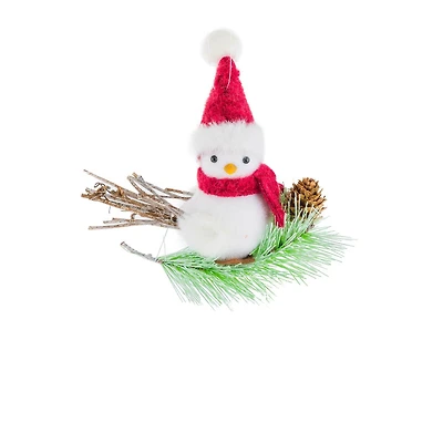 Hanging White and Red Fabric Perched Bird Ornament, Pack of 10