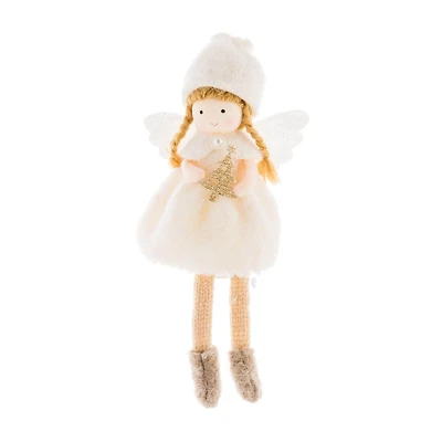 Sitting Off-White Fabric Cherub Girl Doll with Tree, Pack of 6