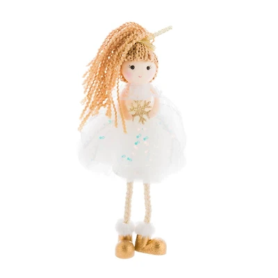 Sitting White Fabric Dancer Girl Doll Gold Snowflake, Pack of 10