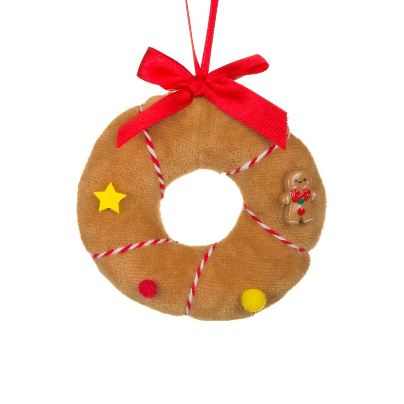 Brown Fabric Gingerbread Wreath Ornament Candycane String, Pack of 10