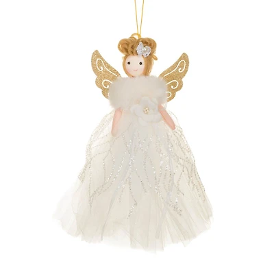 White Fabric Elegant Angel Doll Gold Wings and Yarn Hair, Pack of 6