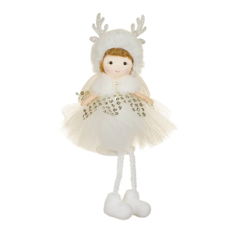 Hangable White Fabric Sitting Cherub Girl Doll Reindeer Hat, Pack of 10