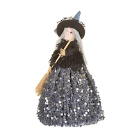 Poupée sorcière suspendue en tissu gris et noir à sequins avec balai, ensemble de 4