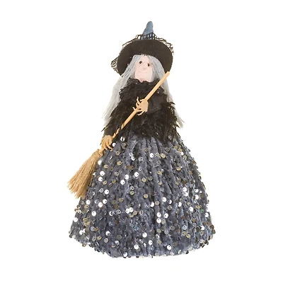 Hangable Sequin grey and Black Fabric Witch Doll Broom, Pack of 4