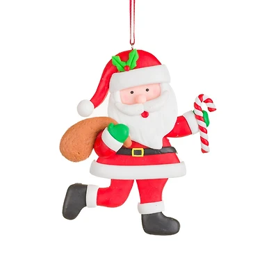 White and Red Clay Santa Ornament with Candycanes, Pack of 8