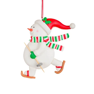 White and Green Clay Skiing Snowman Ornament, Pack of 8