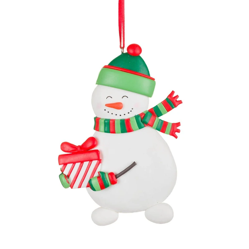 White Clay Gift-Giving Snowman Ornament, Pack of 8