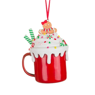 Ornements chocolat chaud suspendus en argile rouge et blanc avec femme pain d’épices, ensemble de 4