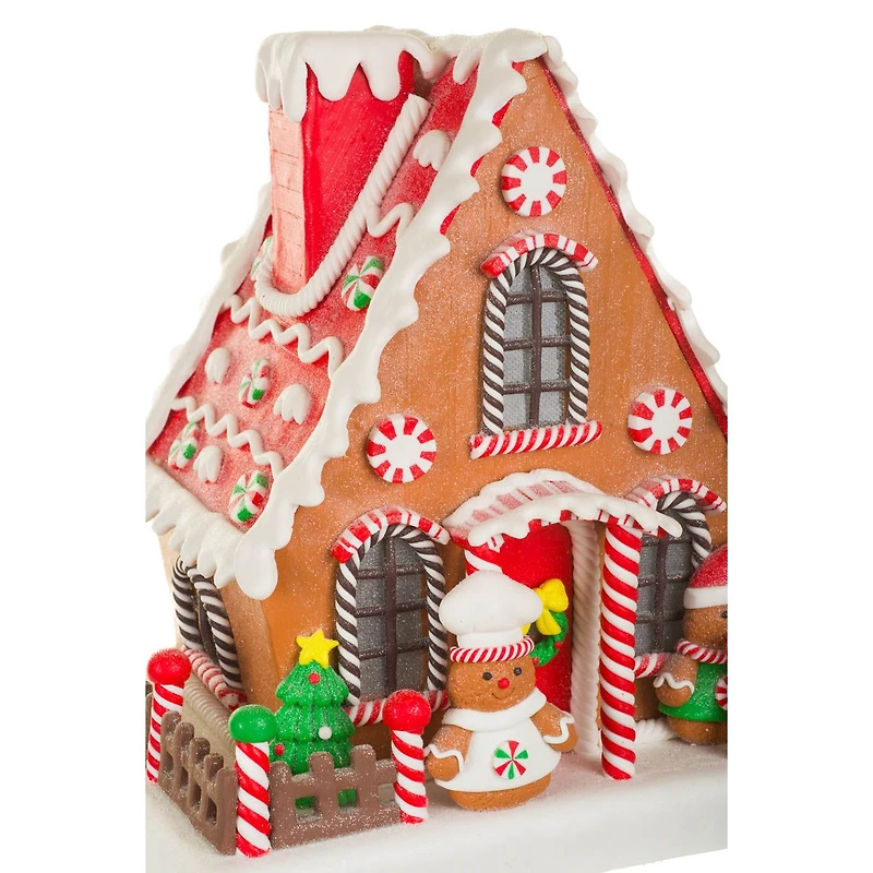 Maison pain d’épices suspendue en argile brune et rouge scintillant avec DEL blanc chaud