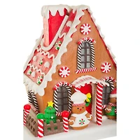 Maison pain d’épices suspendue en argile brune et rouge scintillant avec DEL blanc chaud