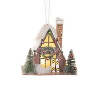 Sparkly White and Brown Card Ski Lodge Warm White LED Ornament, Pack of 4