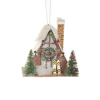 Sparkly White and Brown Card Ski Lodge Warm White LED Ornament, Pack of 4