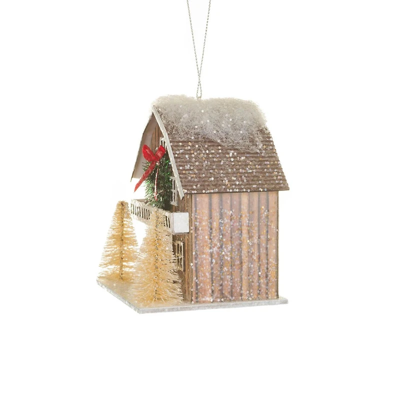 Sparkly Brown and White Card Prairie Barn Warm White LED Ornament, Pack of 4