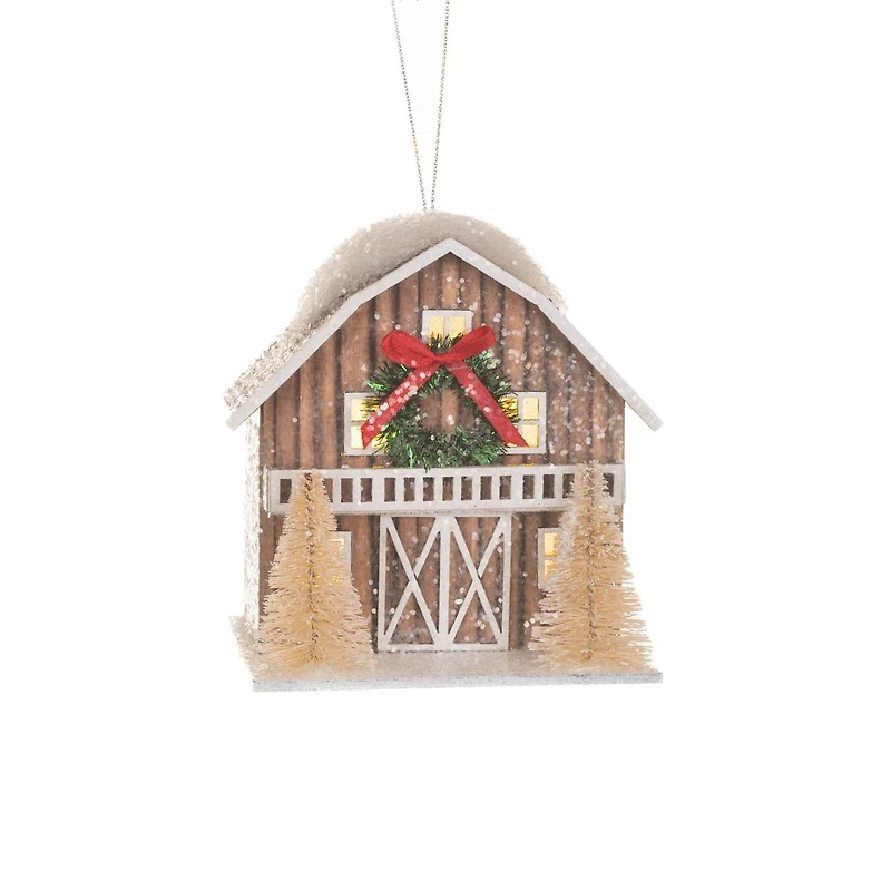 Sparkly Brown and White Card Prairie Barn Warm White LED Ornament, Pack of 4