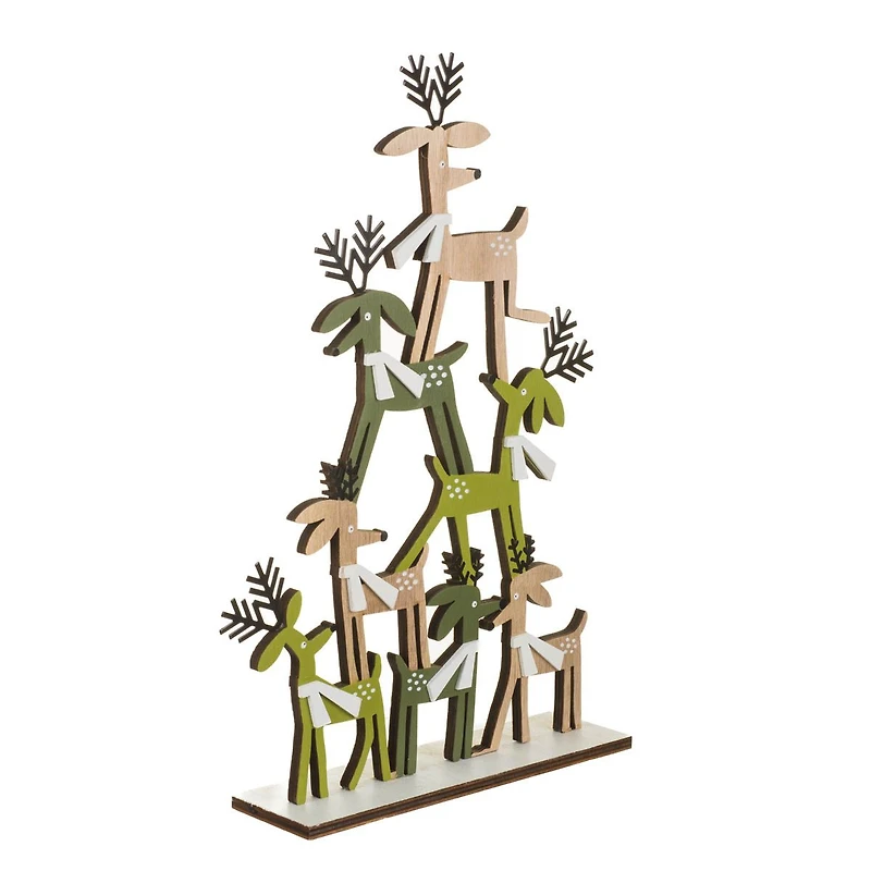 Off-White and Green Wooden Deer Pyramid Accent, Pack of 4