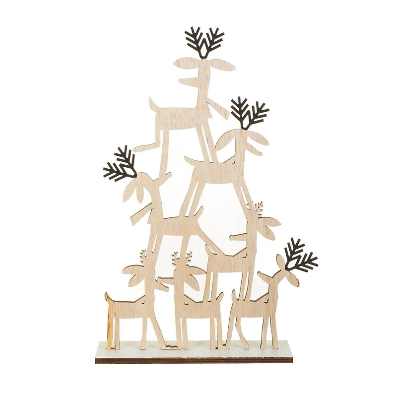 Accents pyramide en bois blanc cassé et vert avec cerf, ensemble de 4