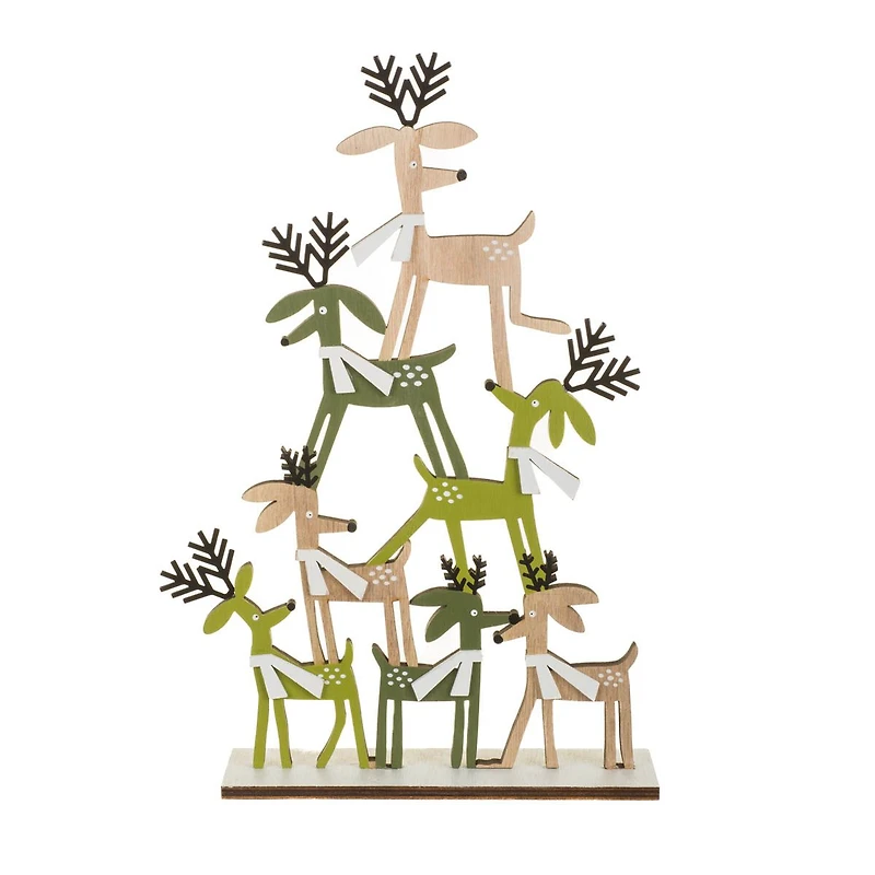Off-White and Green Wooden Deer Pyramid Accent, Pack of 4