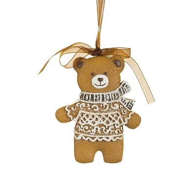 Brown and White Resin Gingerbread Bear Ornament, Pack of 6