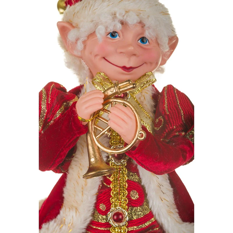 Hangable Red and Gold Fabric Festive Elf Figurine with Horn