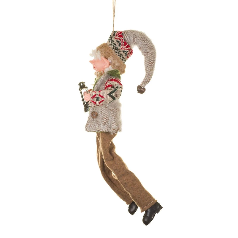 Hangable Brown and Green Fabric Winter Elf Figurine with Lantern