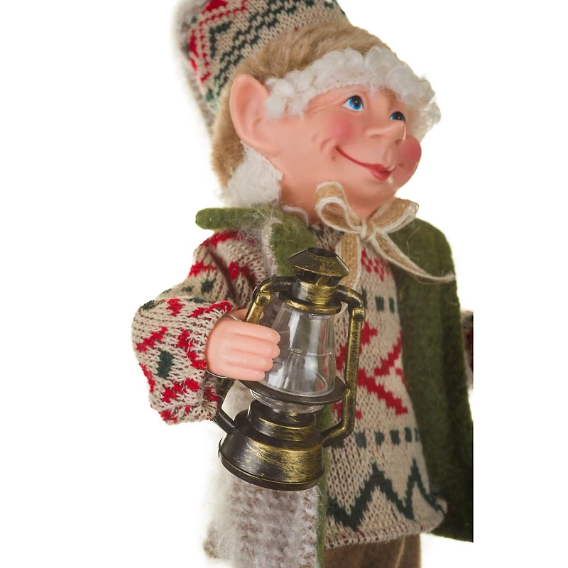 Hangable Brown and Green Fabric Winter Elf Figurine with Lantern