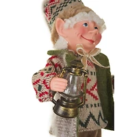 Hangable Brown and Green Fabric Winter Elf Figurine with Lantern