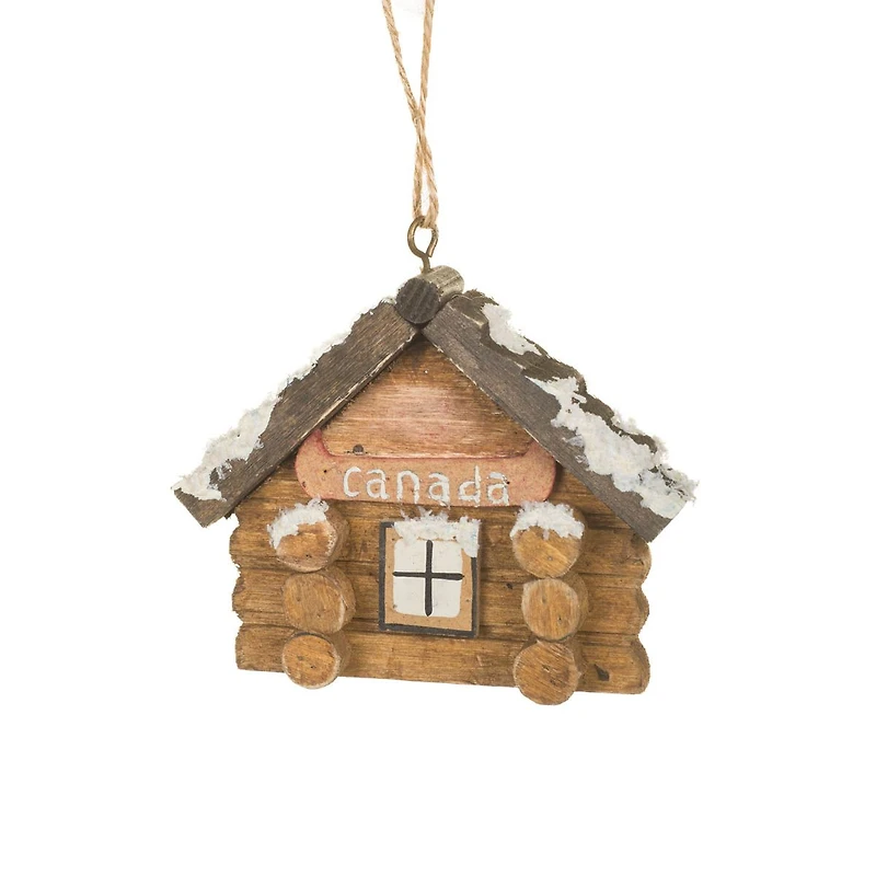 Umber Wooden Canada Log Cabin Ornament, Pack of 6
