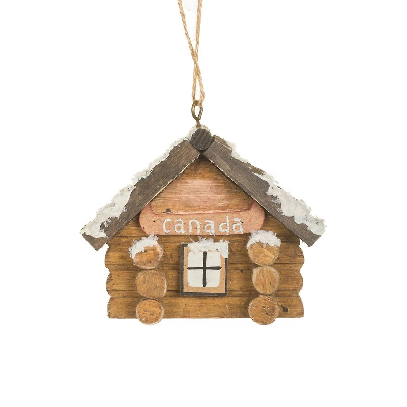 Umber Wooden Canada Log Cabin Ornament, Pack of 6